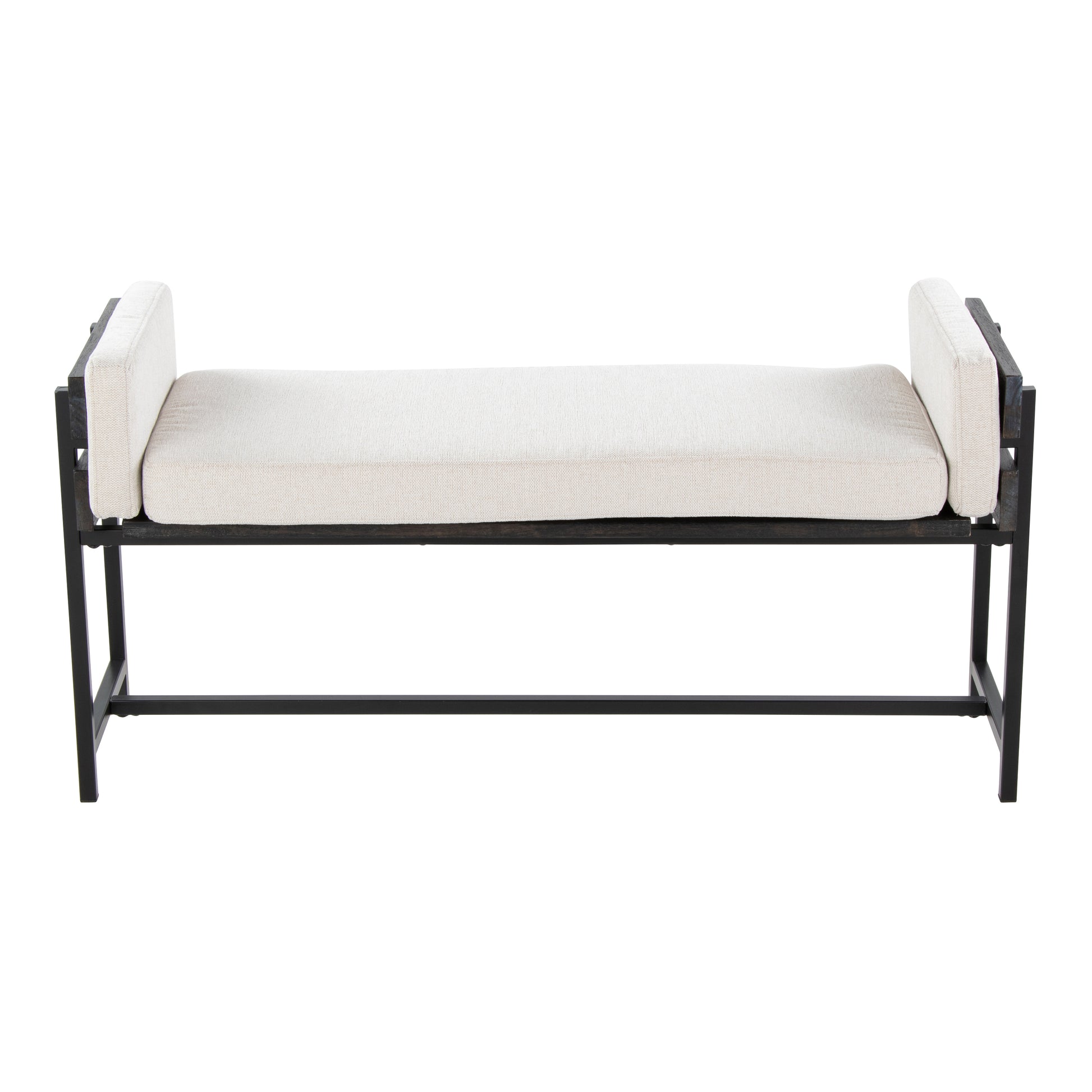 Cream Fabric Farmhouse Bench with Wood and Metal Frame for Bedroom