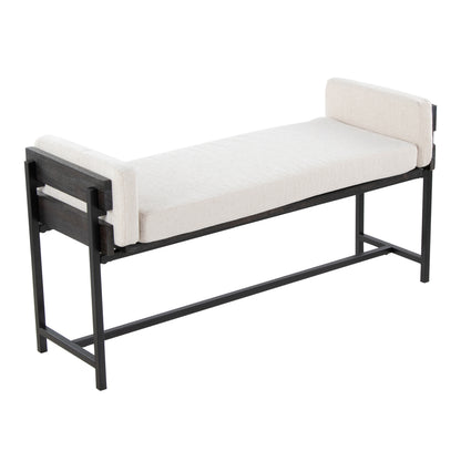 18" Bench with Black Metal, Grey Wood and Cream Fabric