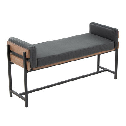 18" Bench with Black Metal, Brown Wood and Black Faux Leather