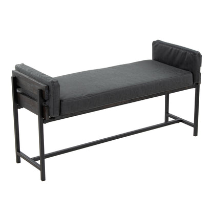 18" Bench with Black Metal, Grey Wood and Black Faux Leather