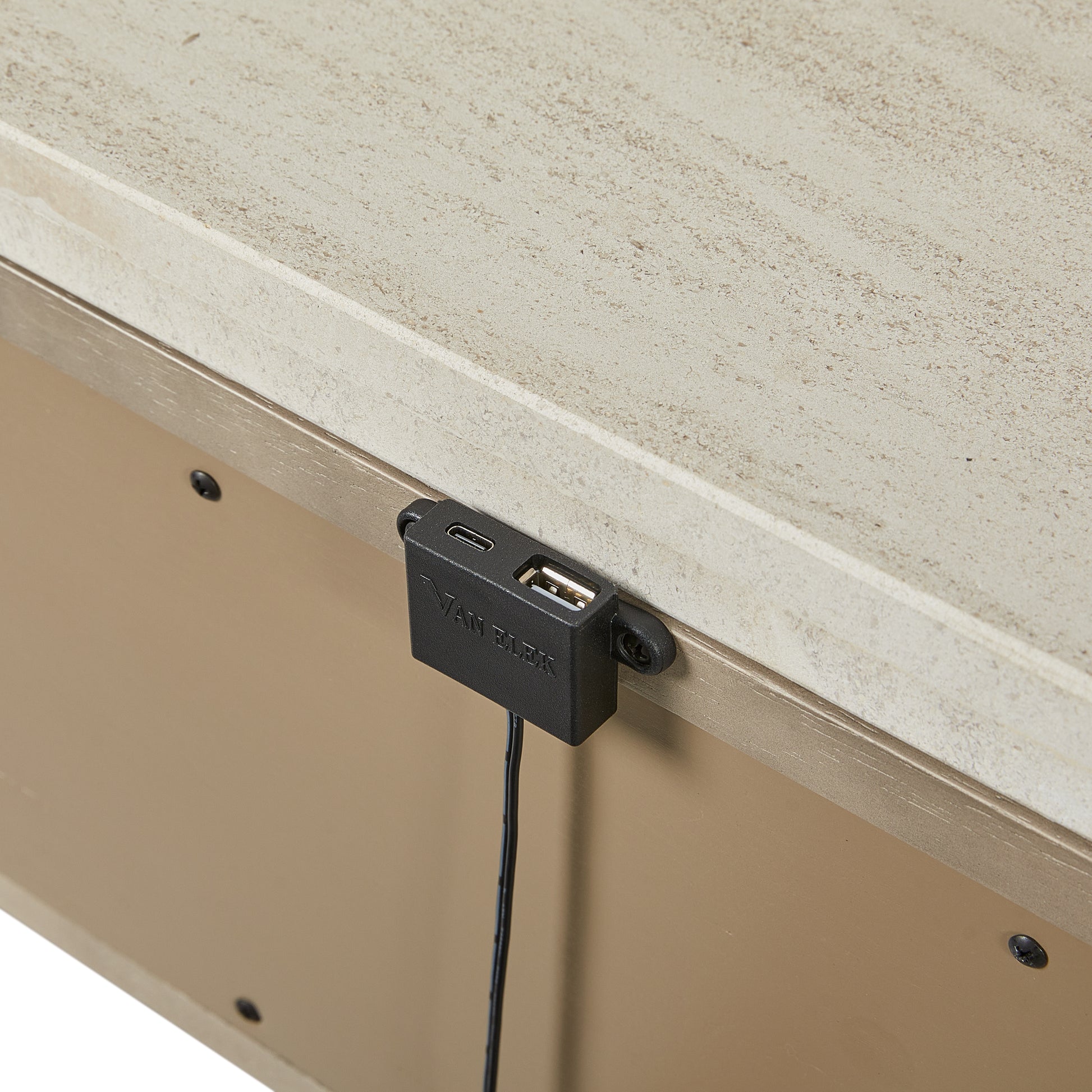 Beige Solid Wood Nightstand with USB Ports for Bedroom
