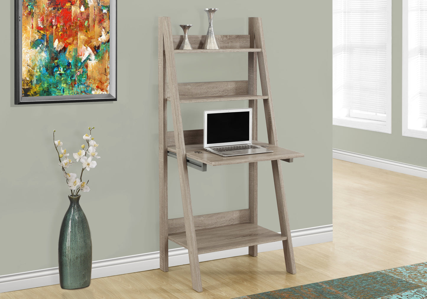Computer Desk, Home Office, Laptop, Leaning, 61"h, Work, Storage Shelves, Brown Laminate, Contemporary, Modern