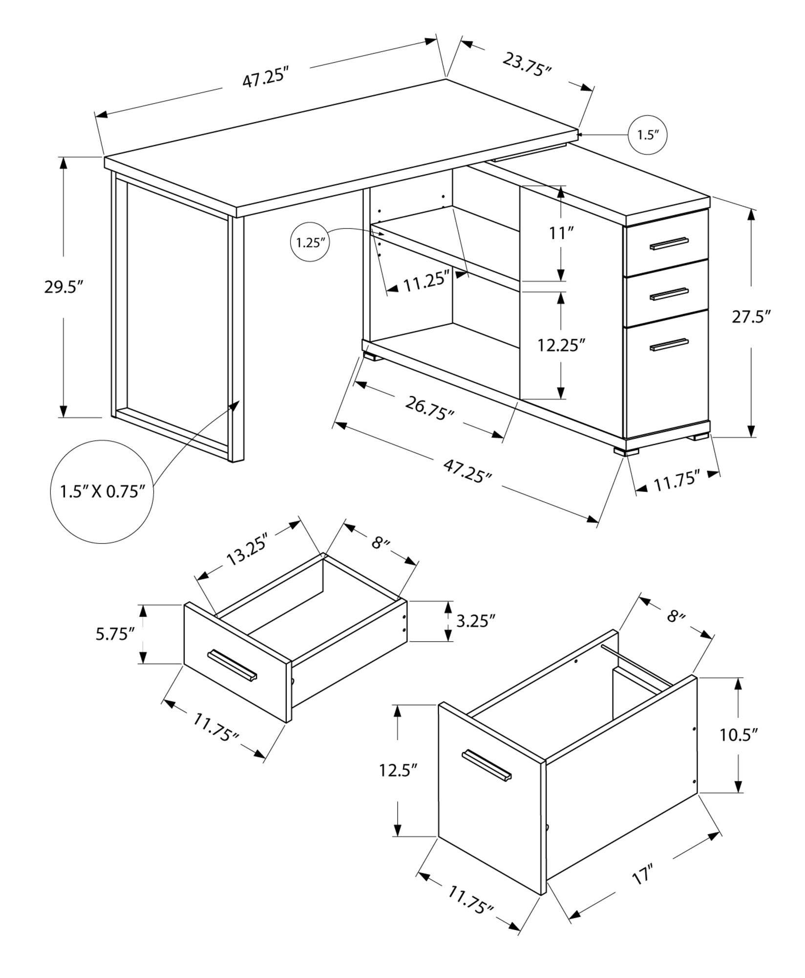 L Shape Corner Computer Desk with Storage Drawers - White