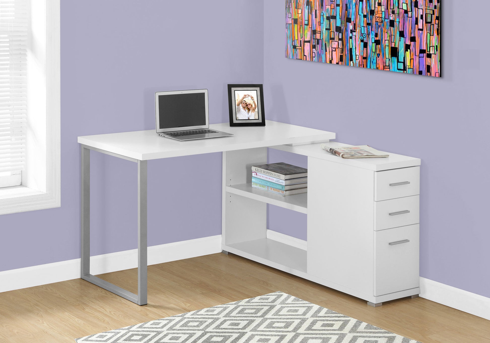L Shape Corner Computer Desk with Storage Drawers - White