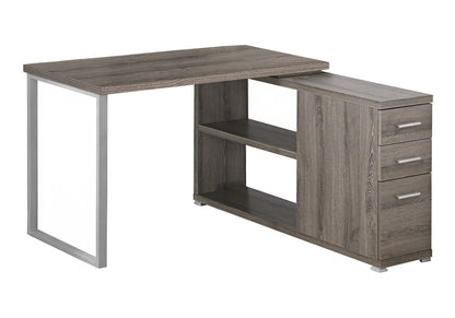 Computer Desk, Home Office, Corner, Left, Right Set-up, Storage Drawers, L Shape, Work, Laptop, Brown Laminate, Grey Metal, Contemporary, Modern