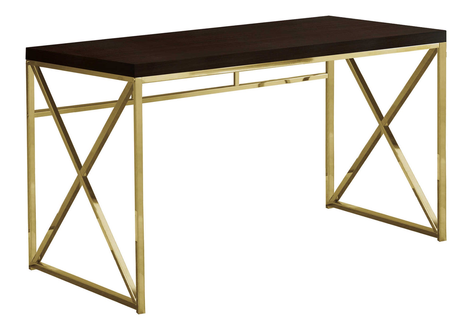 Computer Desk, Home Office, Laptop, Work, Brown Laminate, Gold Metal, Contemporary, Modern