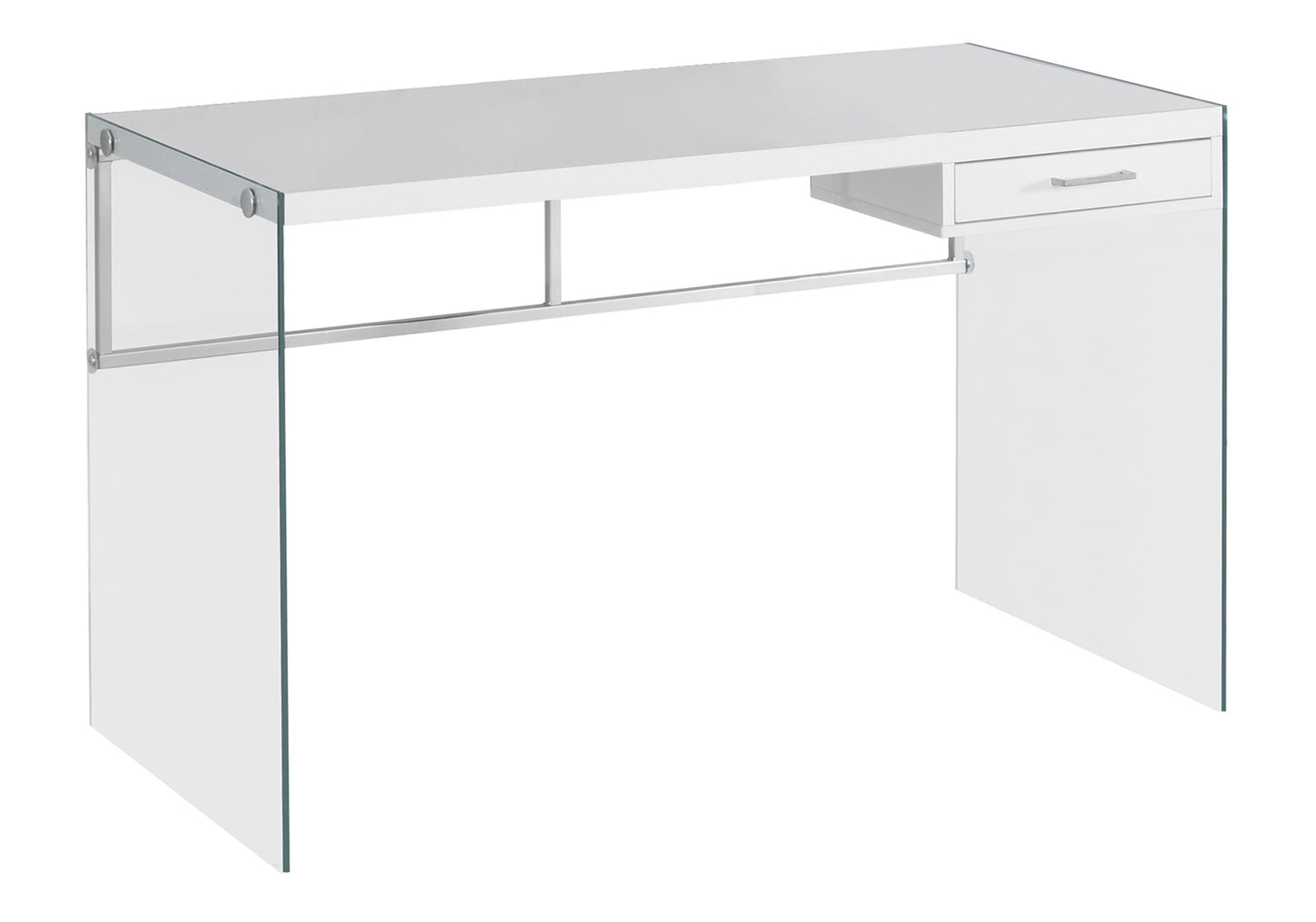Computer Desk, Home Office, Laptop, Storage Drawers, 48"l, Work, Glossy White Laminate, Clear Tempered Glass, Contemporary, Modern