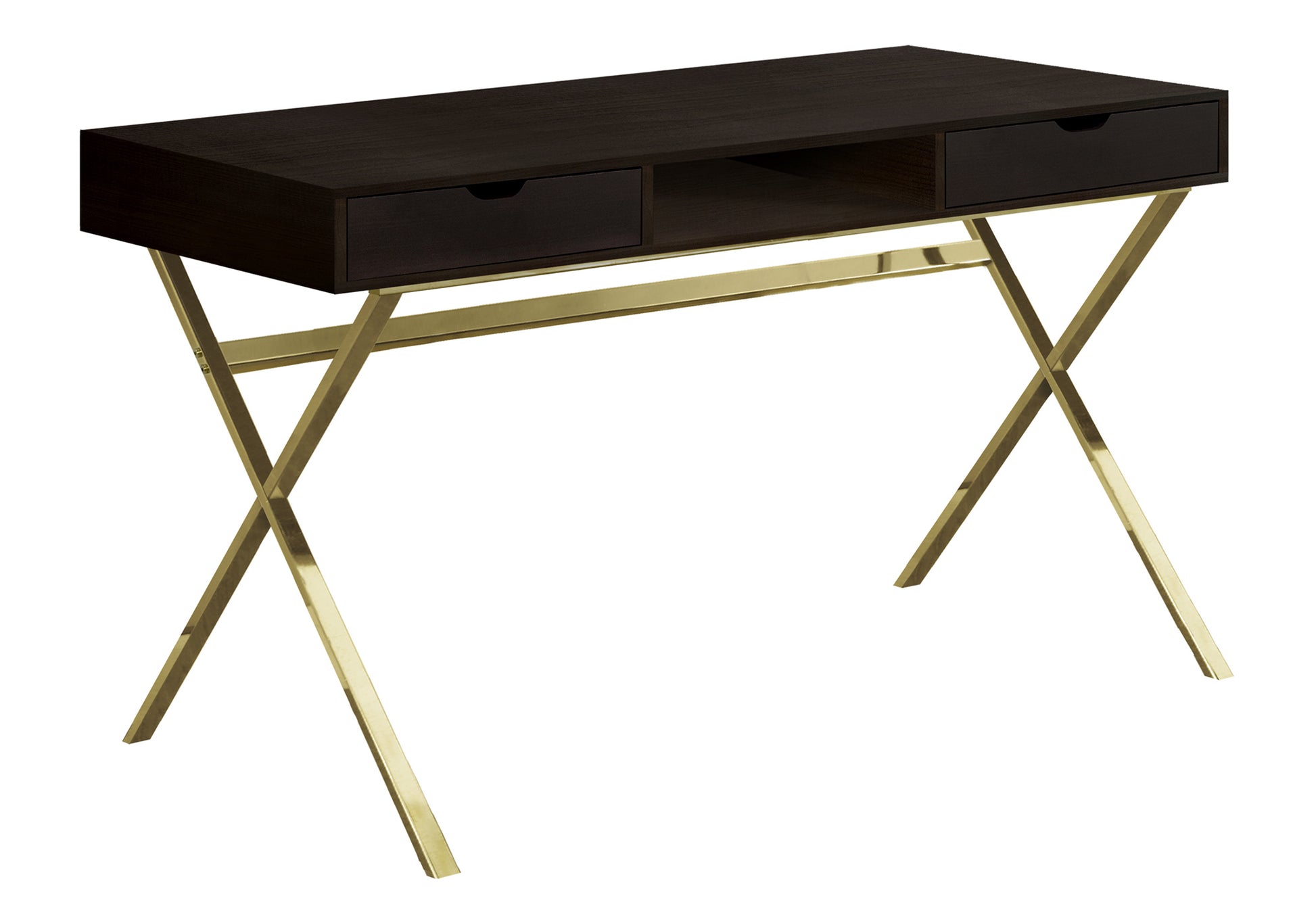 Computer Desk, Home Office, Laptop, Storage Drawers, 48"l, Work, Brown Laminate, Gold Metal, Contemporary, Modern