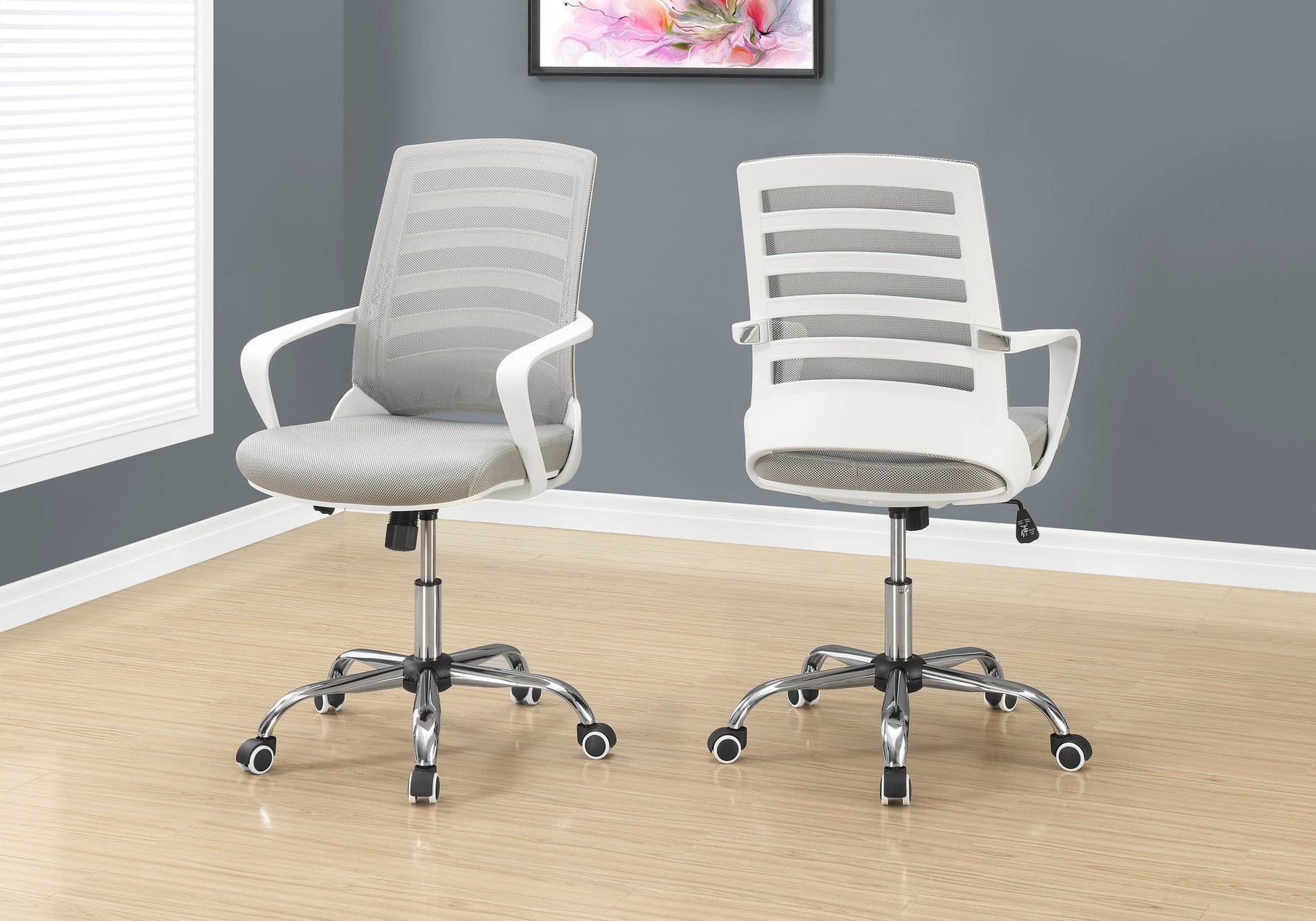 Office Chair, Adjustable Height, Swivel, Ergonomic, Armrests, Computer Desk, Work, Grey Mesh, Chrome Metal, Contemporary, Modern