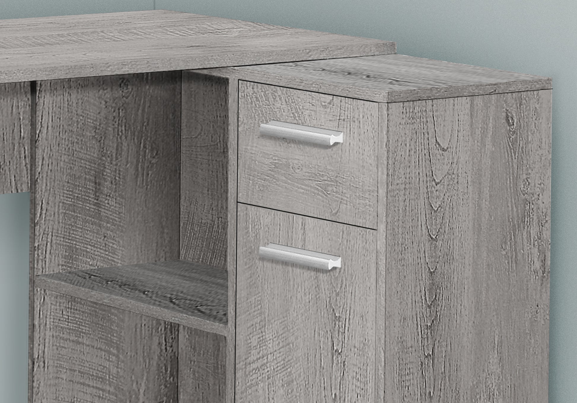 L-Shaped Grey Particle Board Desk with Storage for Home Office