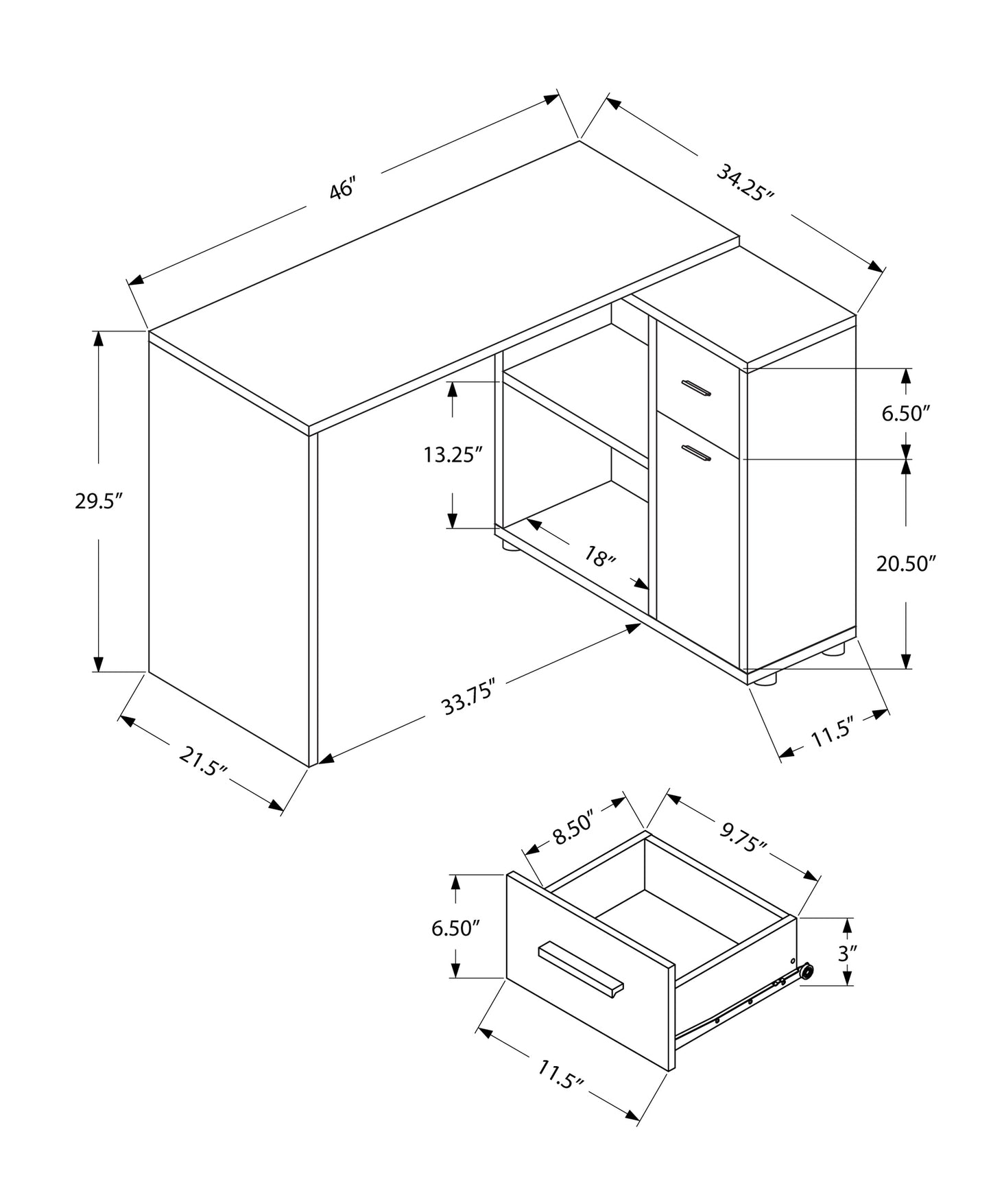 L-Shaped Grey Particle Board Desk with Storage for Home Office
