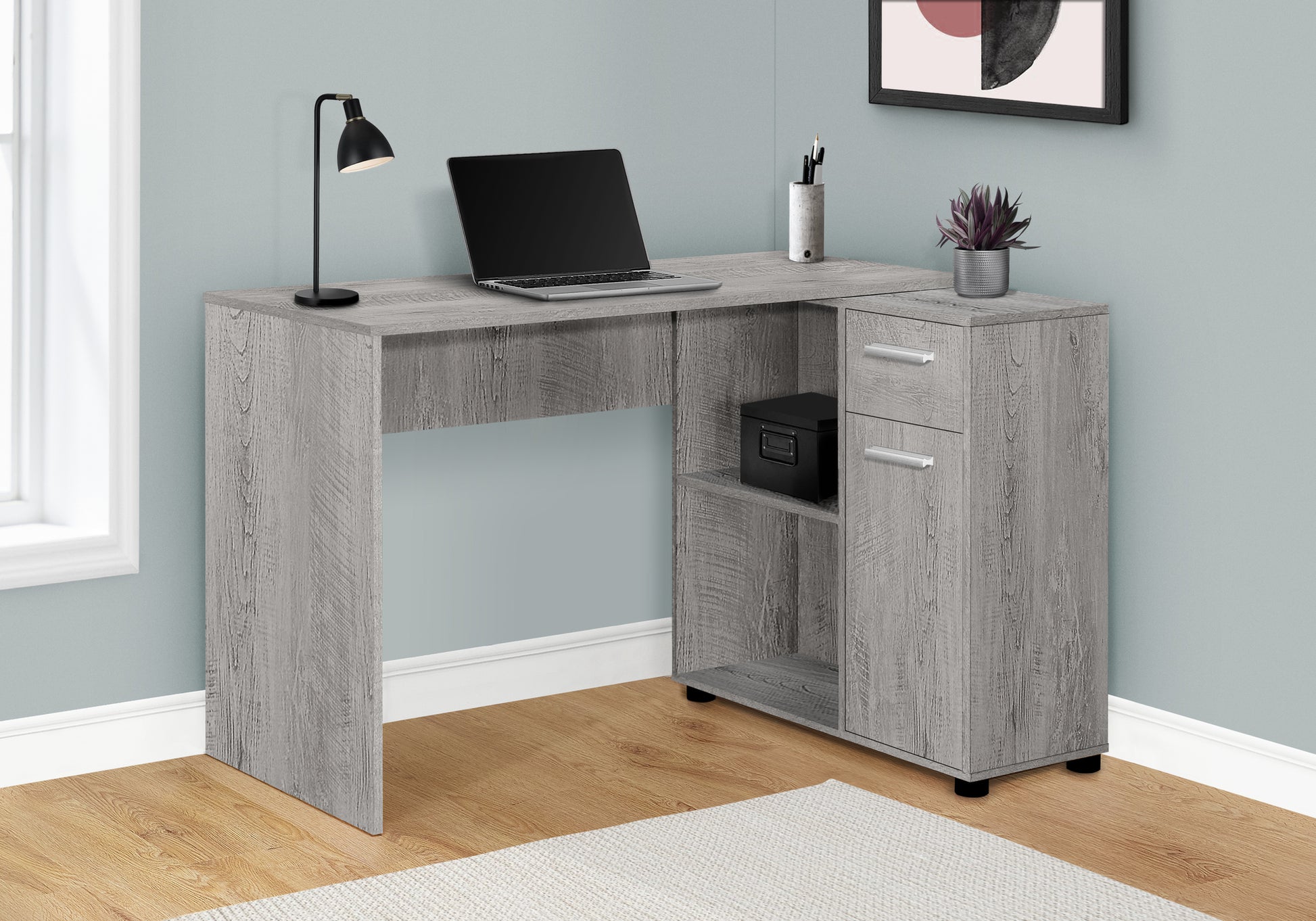 L-Shaped Grey Particle Board Desk with Storage for Home Office