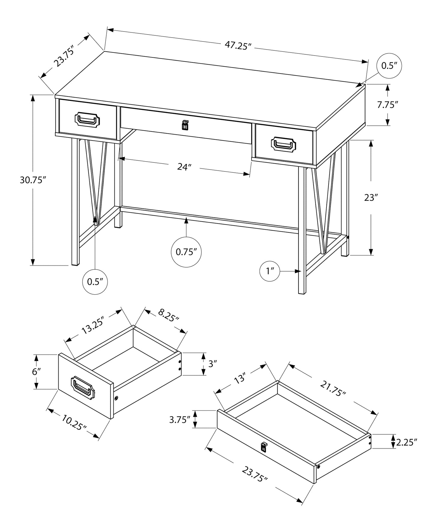Grey Computer Desk with Drawers - 48" Home Office Workspace