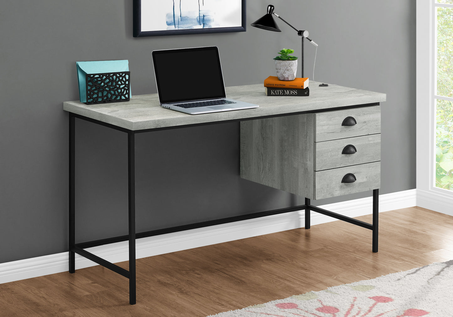 Grey Computer Desk with Storage Drawers - 55" L for Home Office