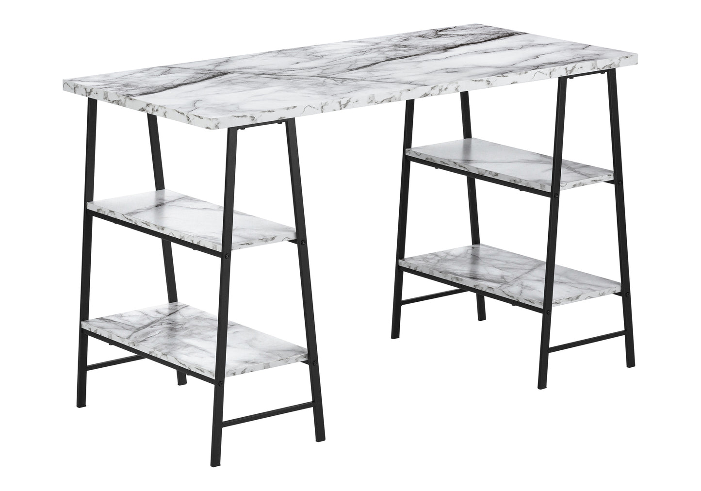 Computer Desk, Home Office, Laptop, Storage Shelves, 48"l, Work, White Marble Look Laminate, Black Metal, Contemporary, Modern