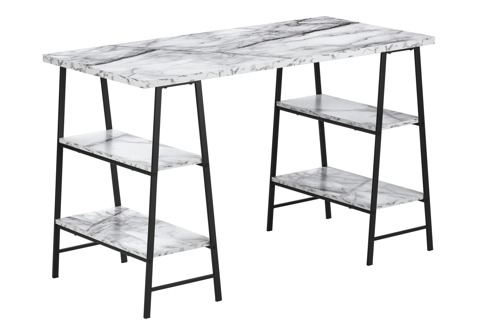 Computer Desk, Home Office, Laptop, Storage Shelves, 48"l, Work, White Marble Look Laminate, Black Metal, Contemporary, Modern