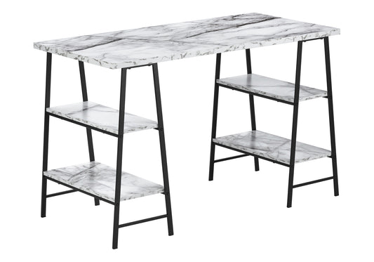 Computer Desk, Home Office, Laptop, Storage Shelves, 48"l, Work, White Marble Look Laminate, Black Metal, Contemporary, Modern