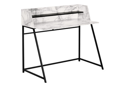 Computer Desk, Home Office, Laptop, Storage Shelves, 48"l, Work, White Marble Look Laminate, Black Metal, Contemporary, Modern