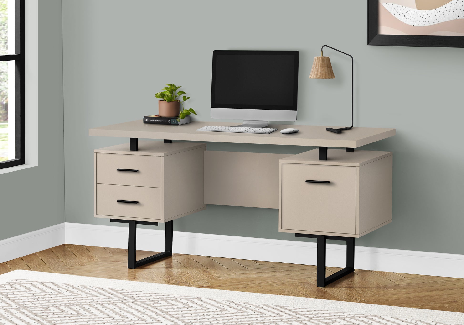 Computer Desk, Home Office, Laptop, Left, Right Set-up, Storage Drawers, 60"l, Work, Beige Laminate, Black Metal, Contemporary, Modern
