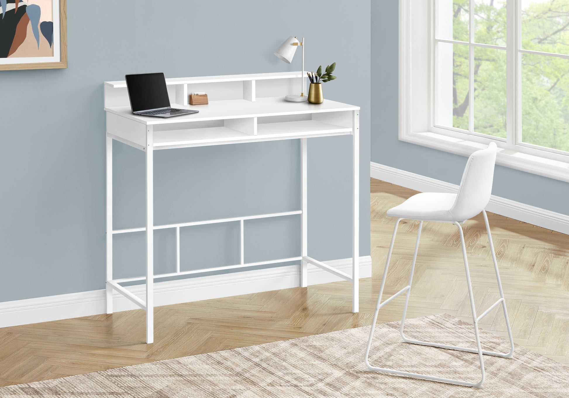 Computer Desk, Home Office, Standing, Storage Shelves, 48"l, Work, Laptop, White Laminate, White Metal, Contemporary, Modern