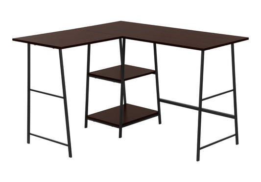 Computer Desk, Home Office, Corner, Storage Shelves, 48"l, L Shape, Work, Laptop, Brown Laminate, Black Metal, Contemporary, Modern