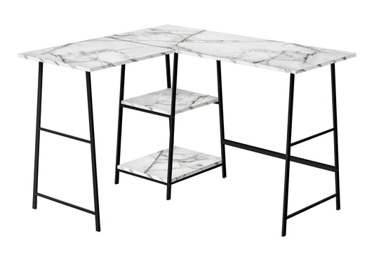 Computer Desk, Home Office, Corner, Storage Shelves, 48"l, L Shape, Work, Laptop, White Marble Look Laminate, Black Metal, Contemporary, Modern