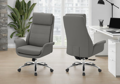 Office Chair, Adjustable Height, Armrests, Ergonomic, Swivel, Computer Desk, Work, Dark Grey Leather-look, Chrome Metal, Contemporary, Modern