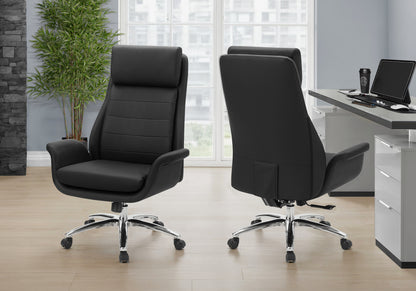 Office Chair, Adjustable Height, Armrests, Ergonomic, Swivel, Computer Desk, Work, Black Leather Look, Chrome Metal, Contemporary, Modern
