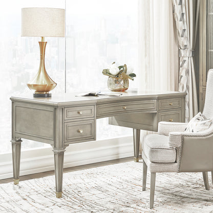 Dauphin Gold Accent 5-Drawer Wood Executive Desk Grey Cashmere Rubber Wood & Veneer