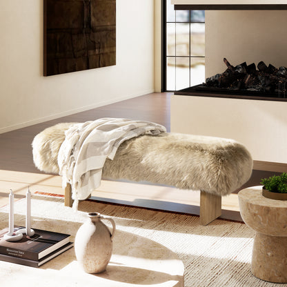 Leda 49" Sheepskin Fur Rectangular Accent Bench, Natural Blonde Genuine Fur