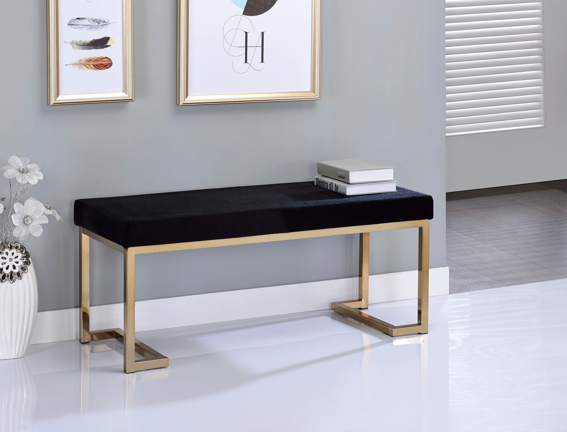 Boice Black Fabric & Champagne Finish Bench