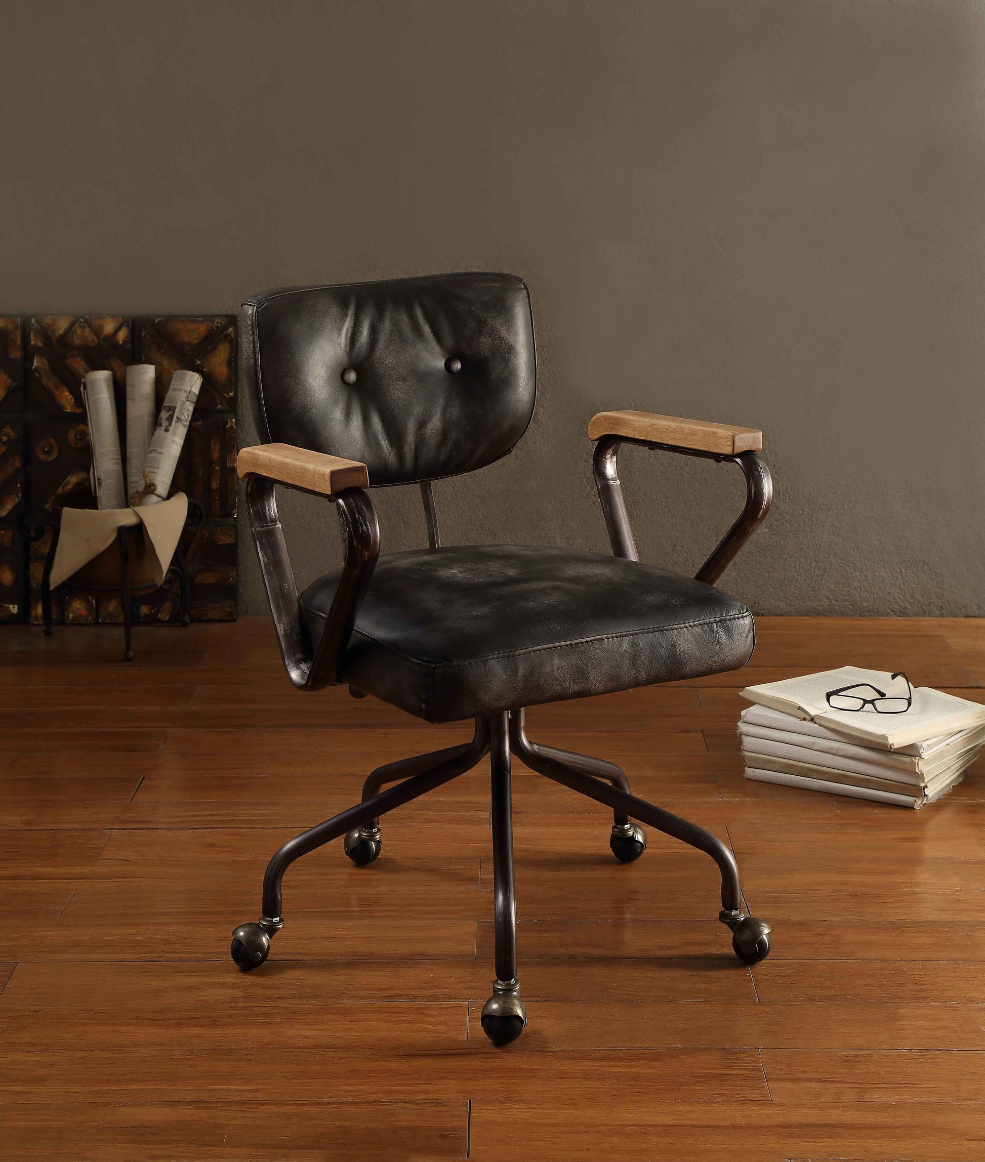 Hallie Vintage Black Leather Office Chair - Executive Swivel Desk Chair