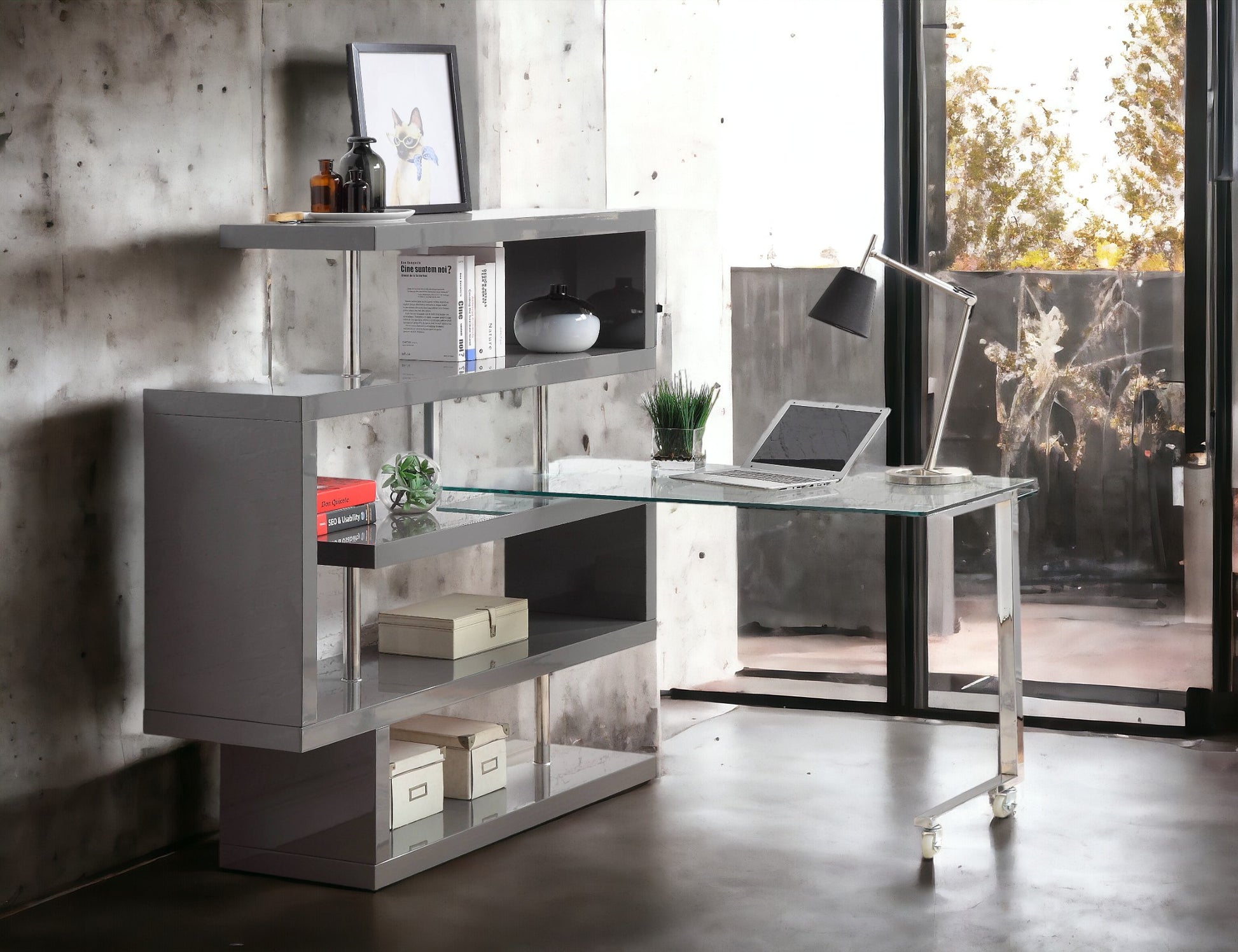 Buck II Clear Glass, Chrome High Gloss Finish Writing Desk with Shelf
