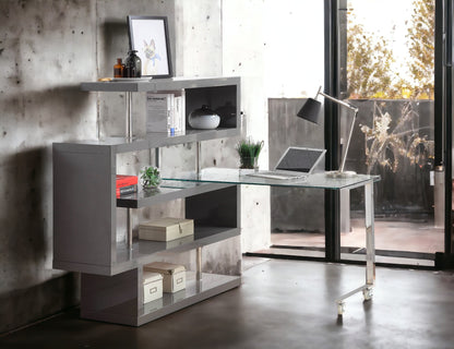 Buck II Clear Glass, Chrome High Gloss Finish Writing Desk with Shelf