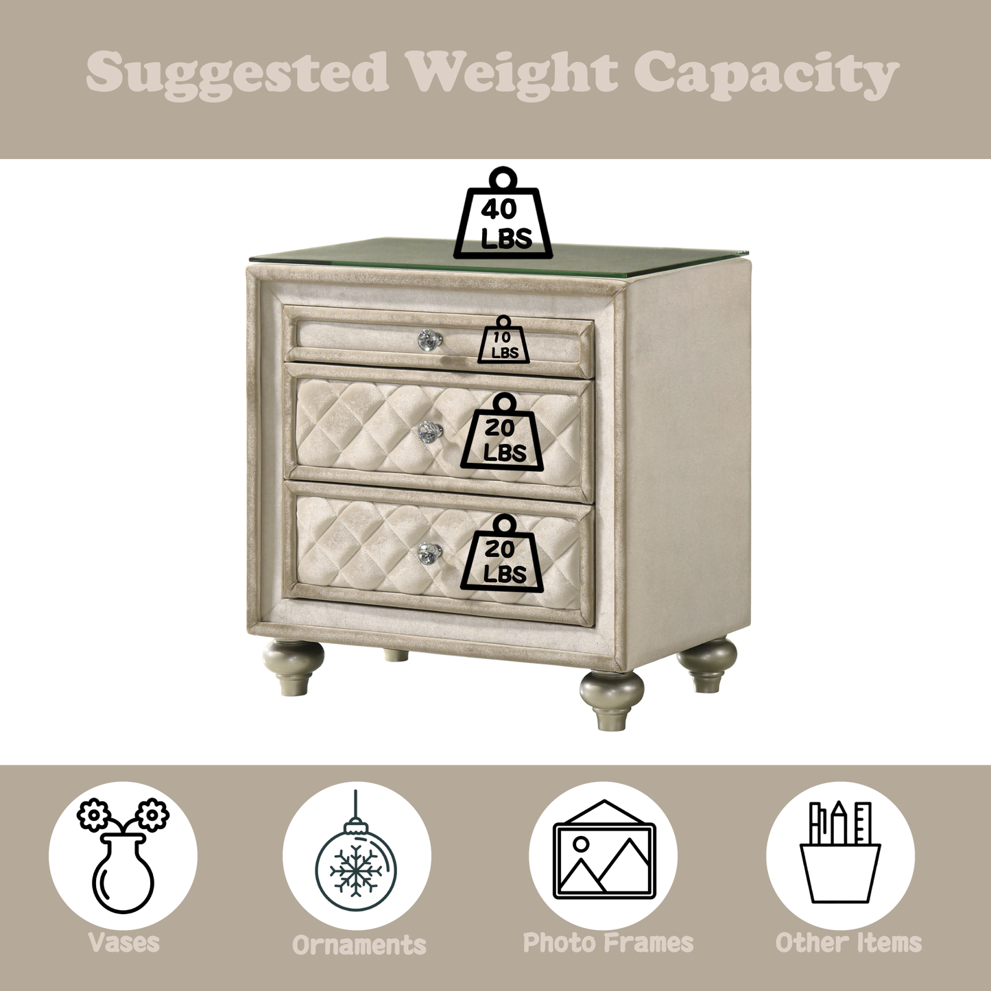 Beige Velvet Nightstand with 3 Drawers - 16" x 26" for Bedroom