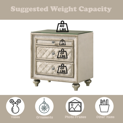 Beige Velvet Nightstand with 3 Drawers - 16" x 26" for Bedroom
