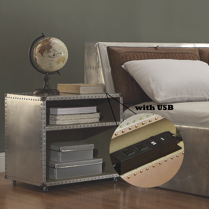 Silver Aluminum Nightstand with USB Dock - 17"W x 22"D x 21"H for Bedroom