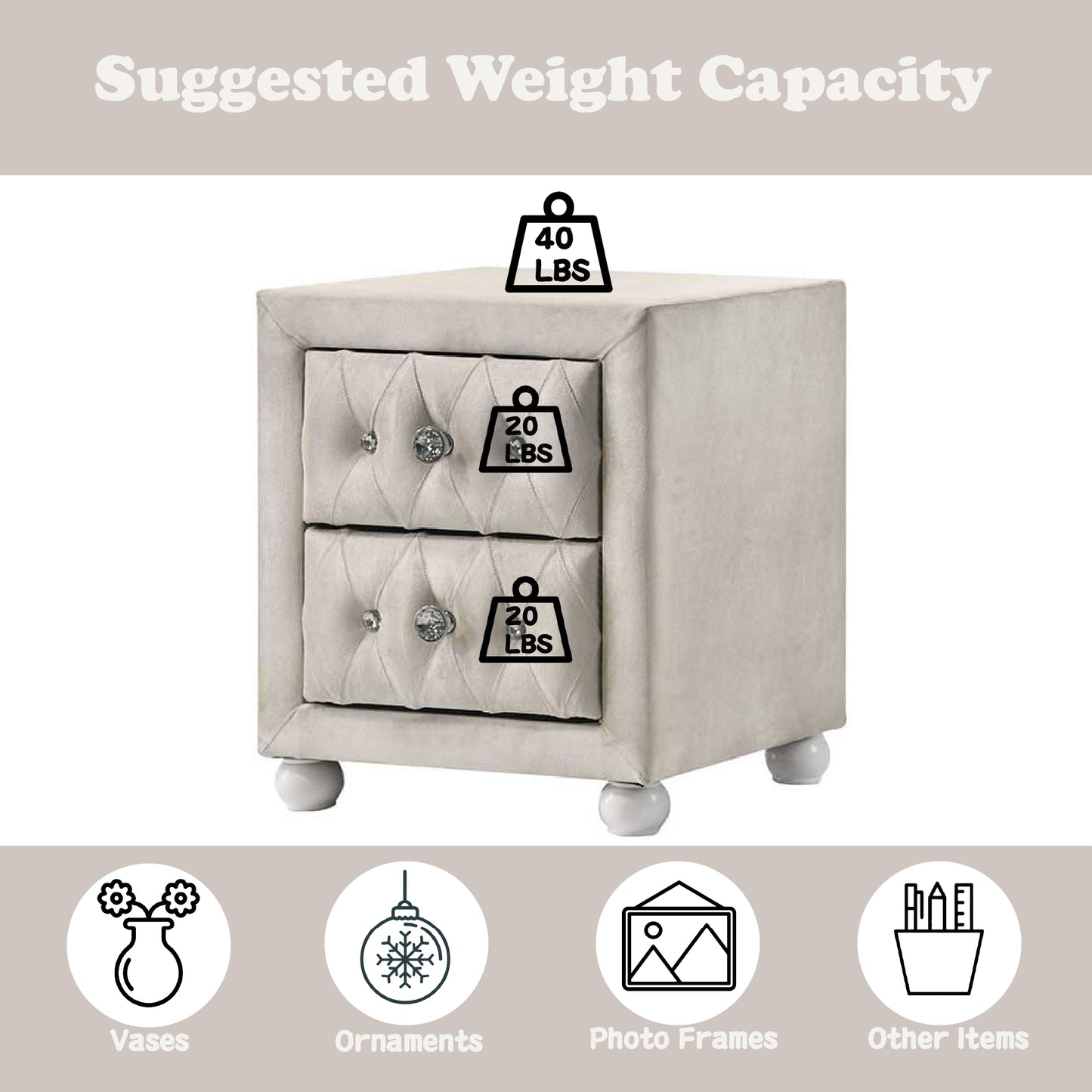 Beige Fabric Nightstand - 17" Wide Storage