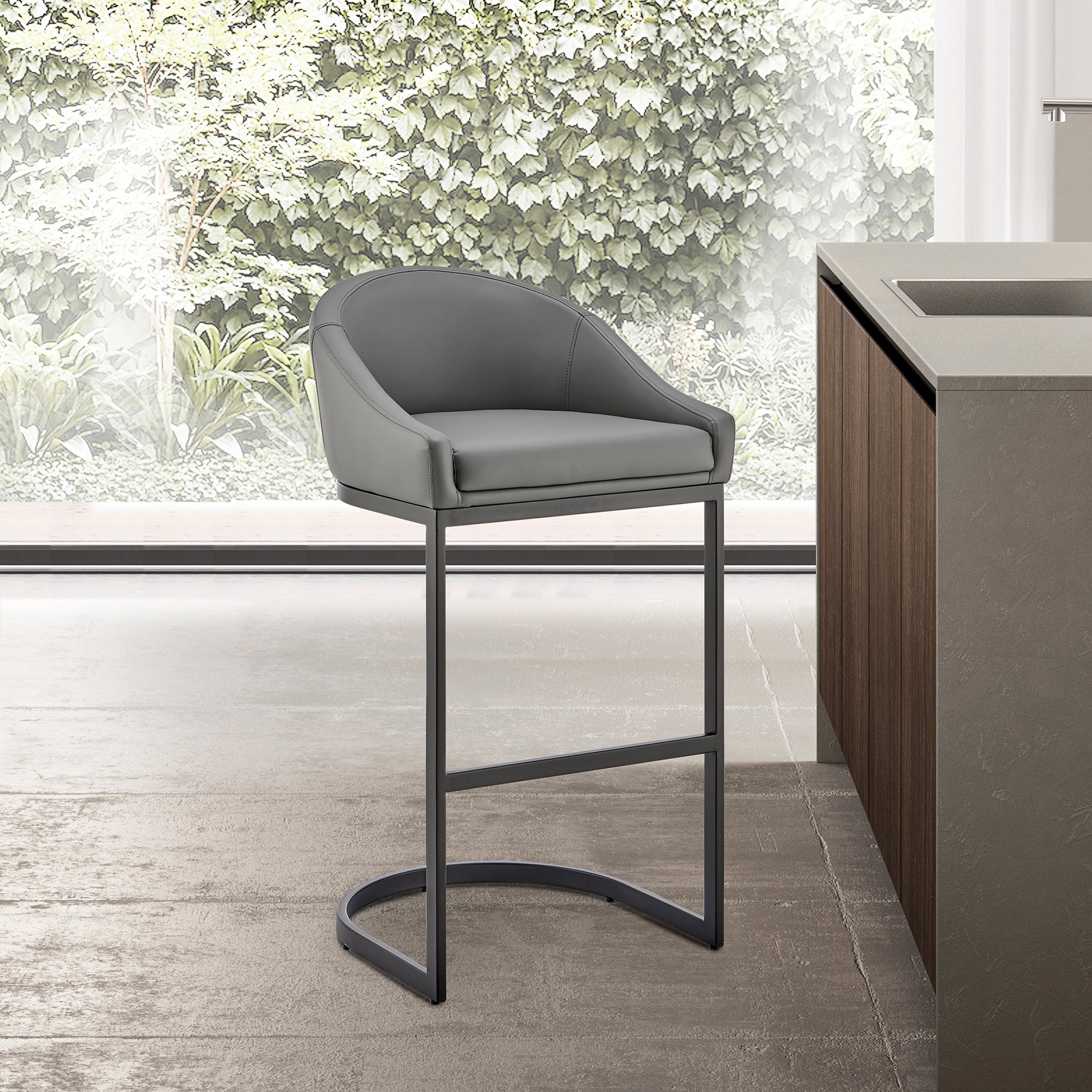 Ambrie Counter Stool in Black Metal with Gray Faux Leather