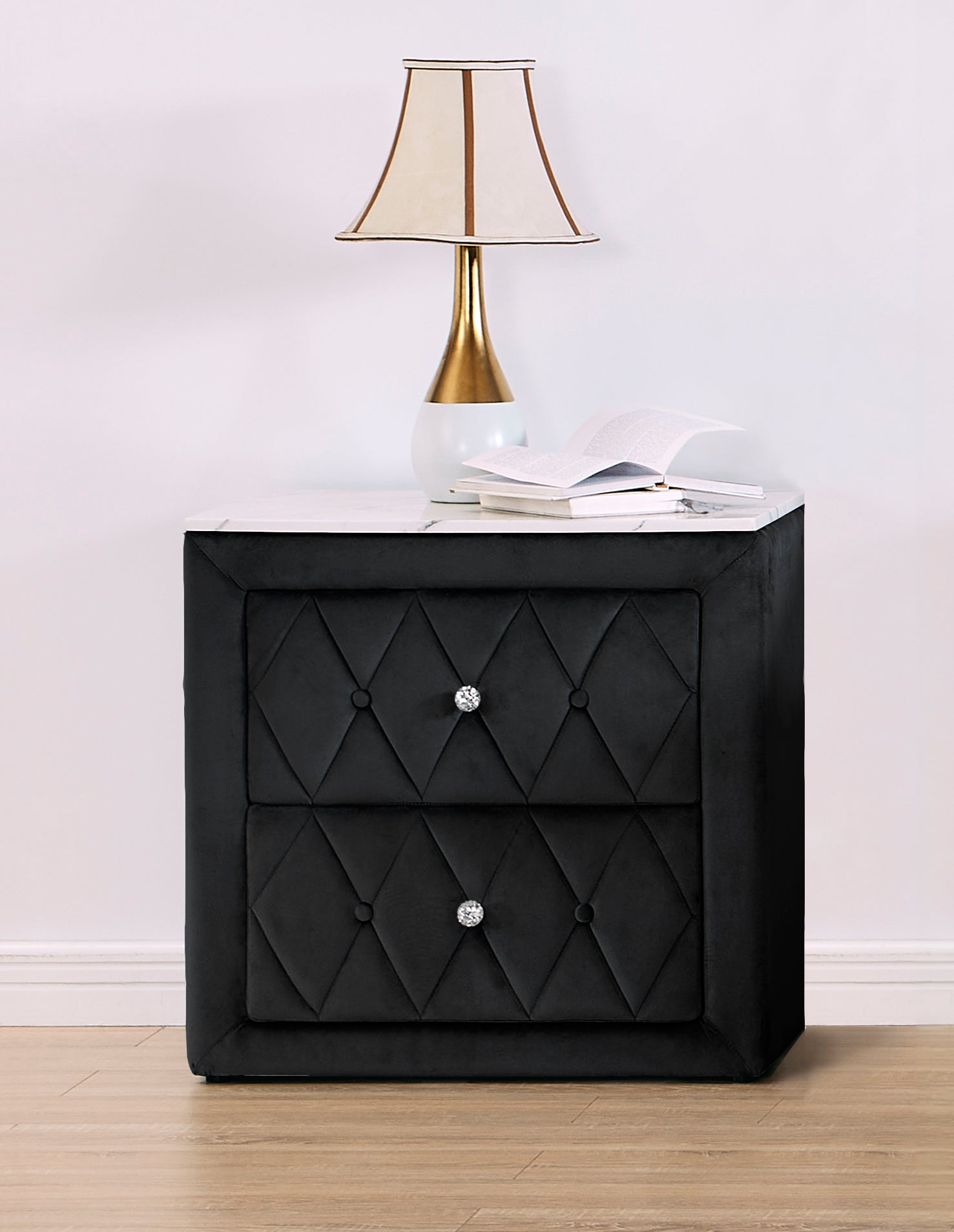 1pc Black Nightstand Upholstery Fabric Faux Marble Top Two Storage Drawers Wooden Bedroom Furniture