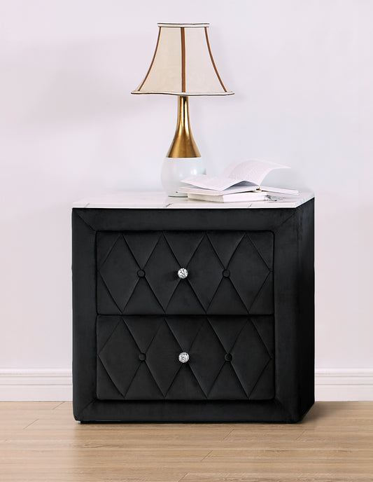1pc Black Nightstand Upholstery Fabric Faux Marble Top Two Storage Drawers Wooden Bedroom Furniture