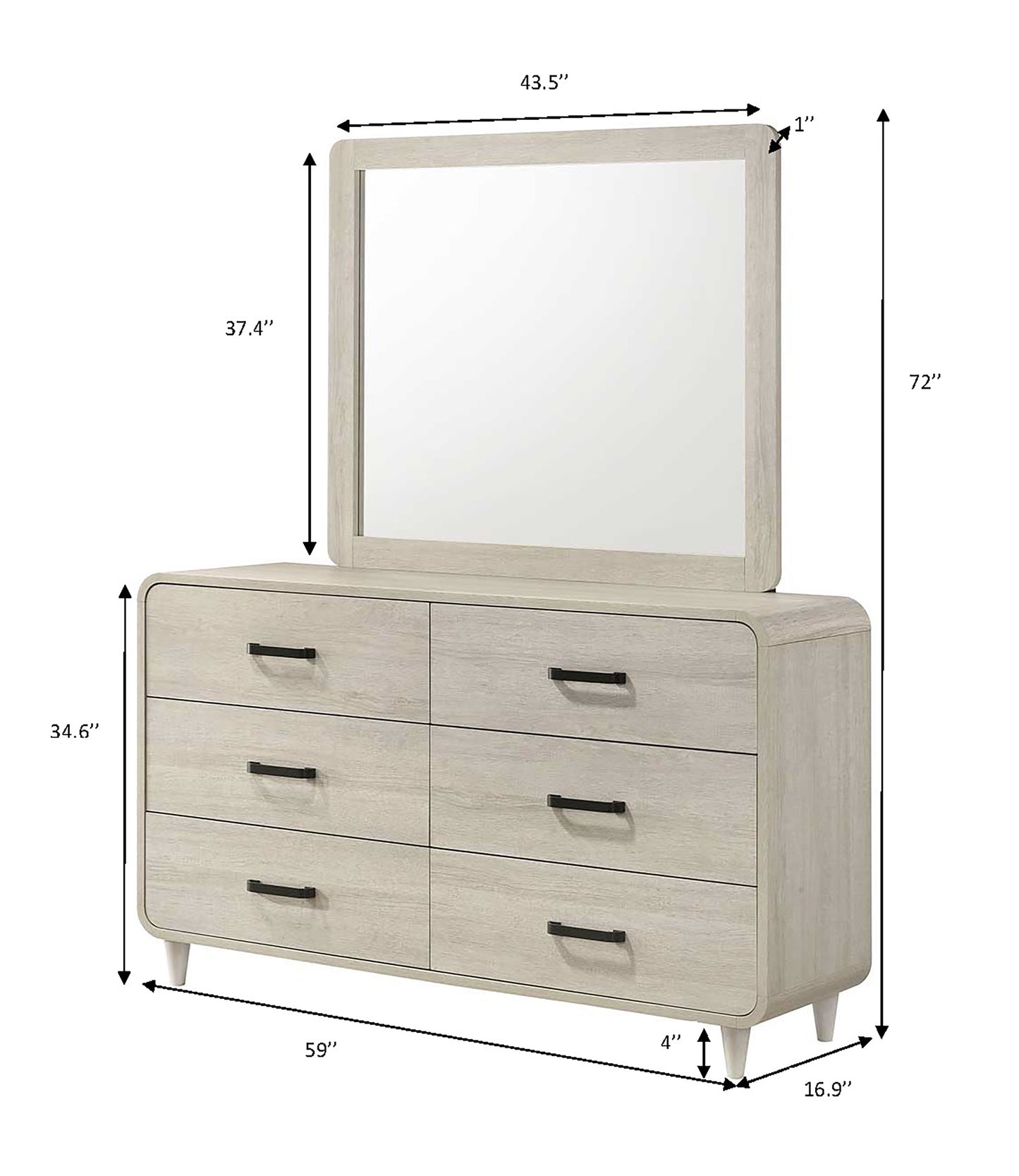Antique White Wood Dresser - 6 Drawers Bedroom Storage