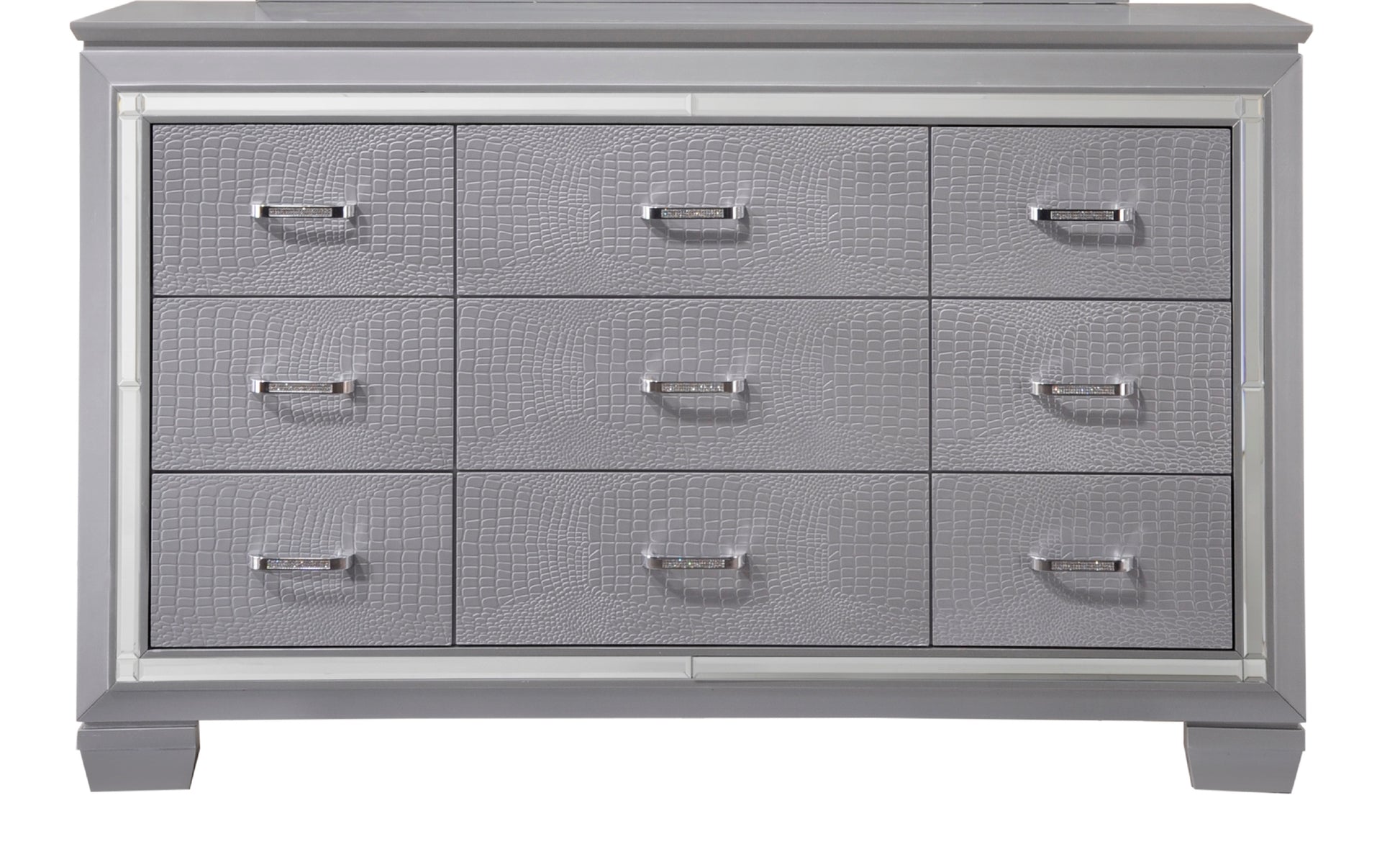 1pc Modern Nine Drawer Dresser Mirror Accents Chrome Finish Hardware Faux Crystal Accent Silver Finish