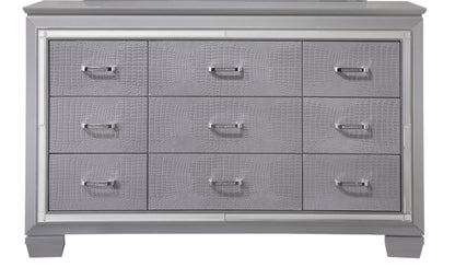 1pc Modern Nine Drawer Dresser Mirror Accents Chrome Finish Hardware Faux Crystal Accent Silver Finish