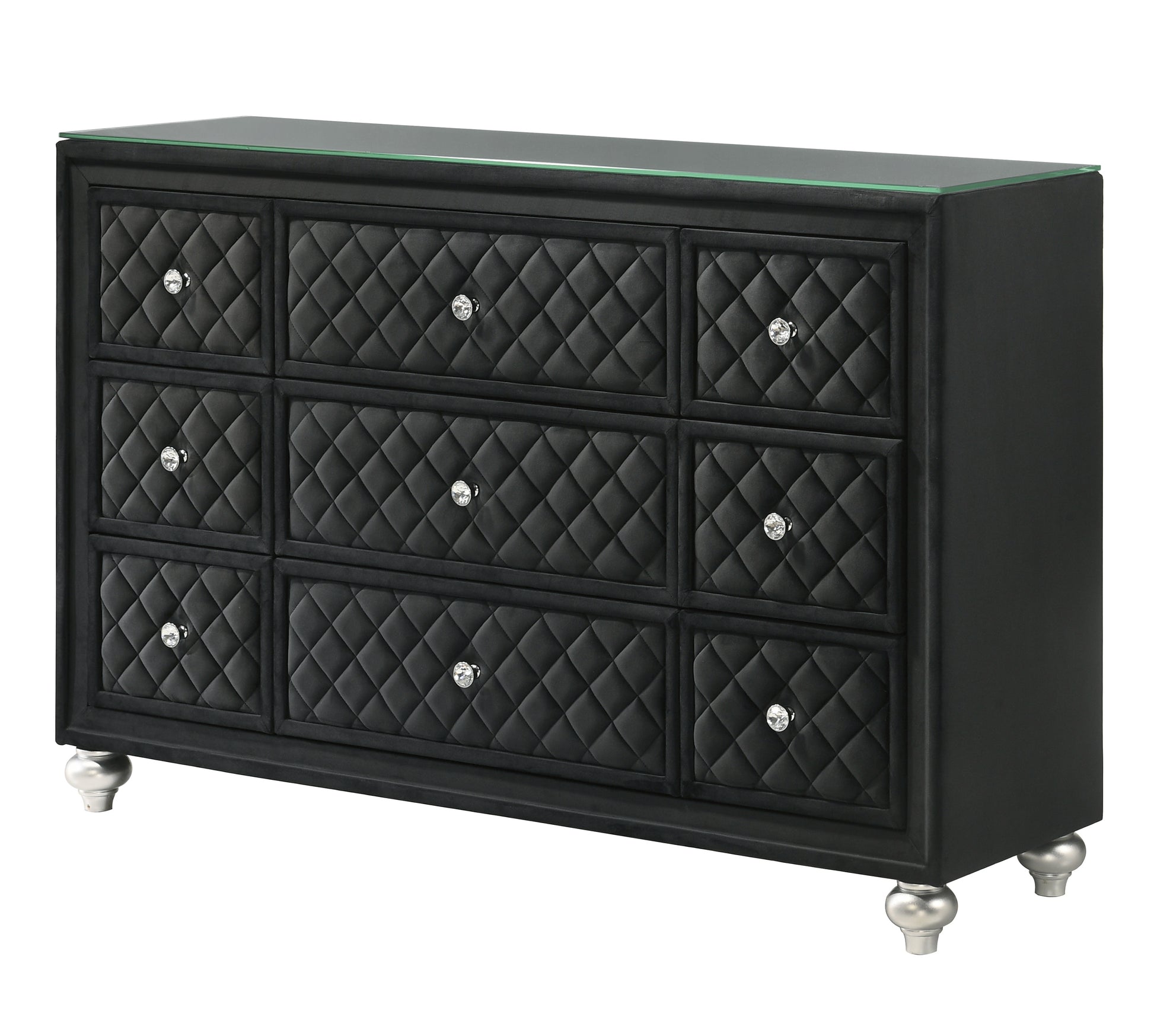 1pc Traditional Nine Drawers Velvet Tufted Drawer Fronts Faux Crystal Drawer Knobs Diamond-patterned Tufted Accents Black
