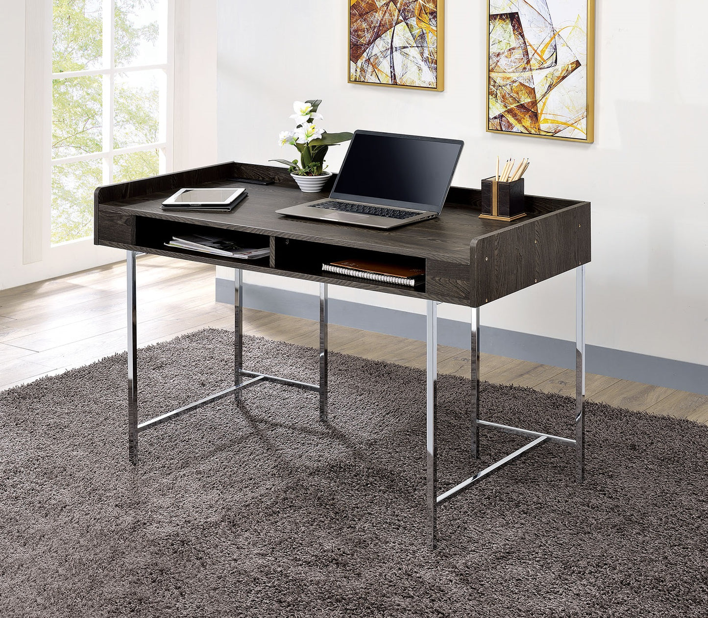 Contemporary Brown Chrome Metal Computer Desk with Drawer Storage