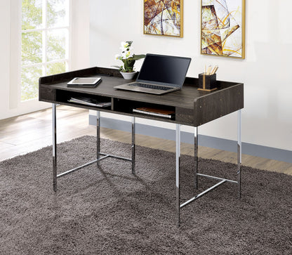 Contemporary Brown Chrome Metal Computer Desk with Drawer Storage