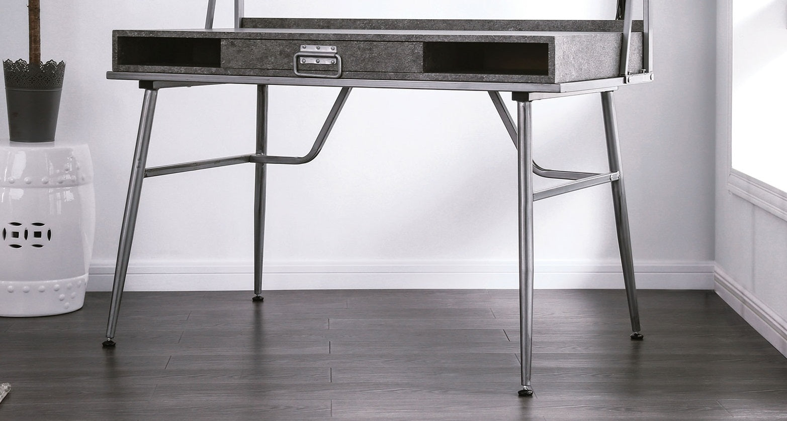Silver Metal Computer Desk - 1 Drawer & 2 Shelves for Home Office