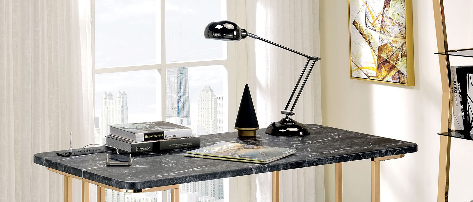 Gold Black Computer Desk Rectangular Office Desk 47.25"