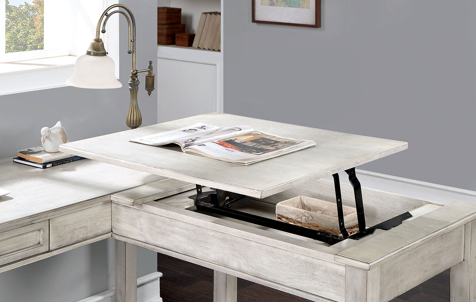 Solid Wood Transitional Computer Desk with Antique White Drawers